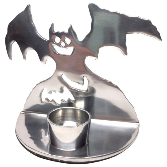 Polished Chrome Cut Steel Metal Bat Tea Light Candle Holder Halloween - Picture 1 of 5